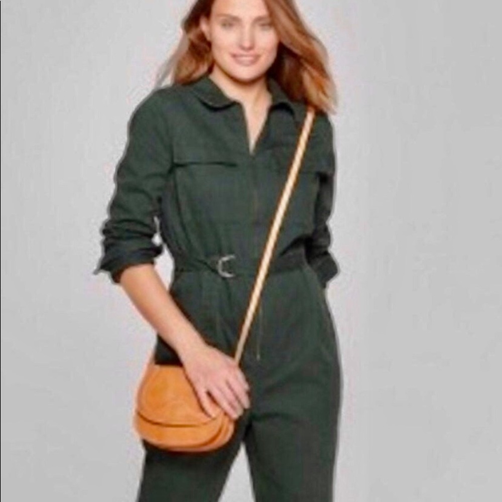 Hunter green utility jumpsuit with D ring belt
